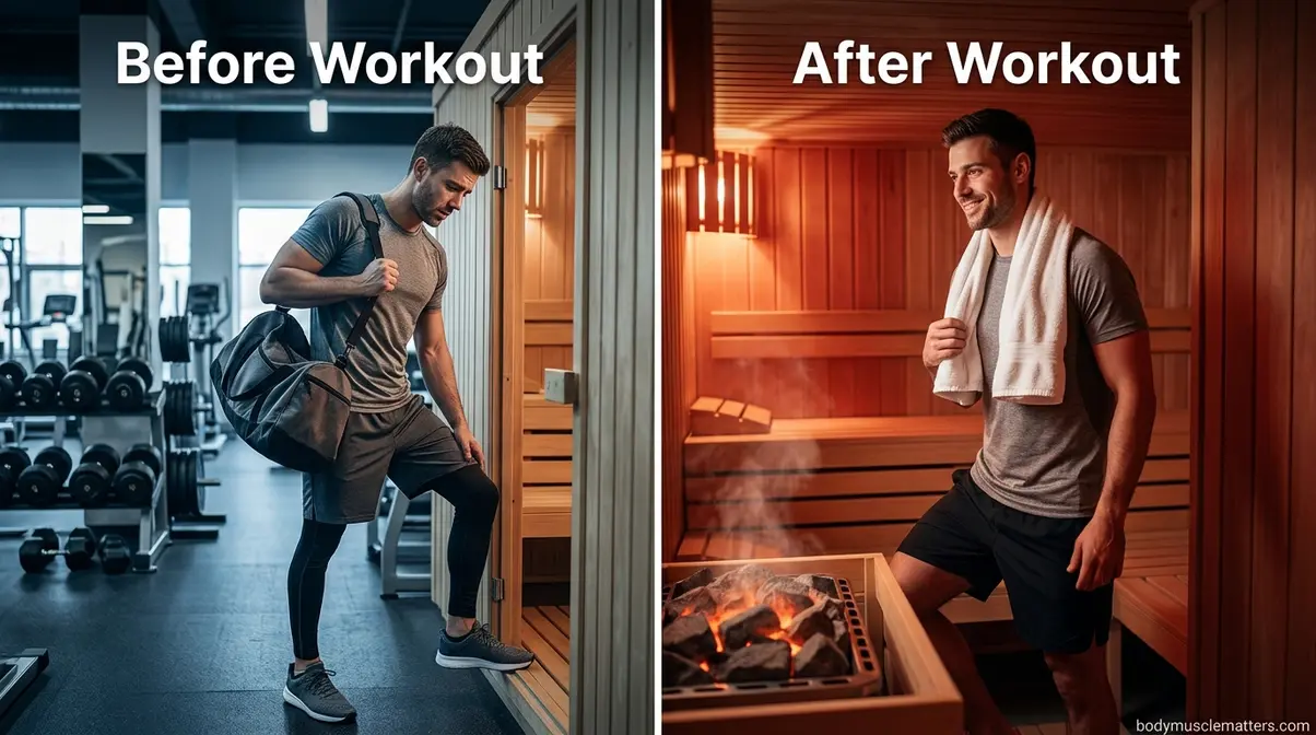 Split comparison image showing sauna use before versus after a workout with contrasting gym environments