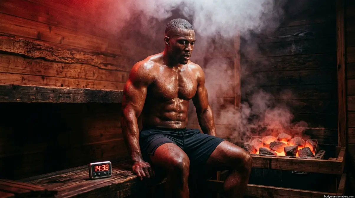 Muscular athlete in traditional sauna session targeting growth hormone release for bodybuilding recovery