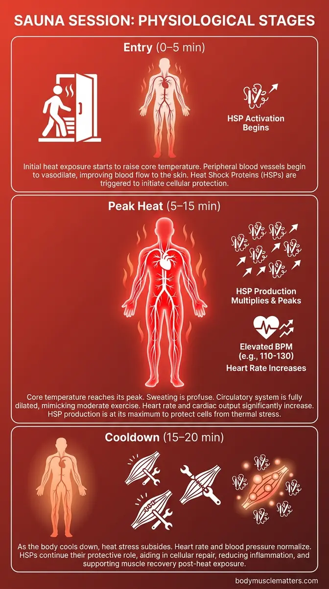 Gym sauna benefits after workout infographic showing blood flow and heat shock protein activation across three stages