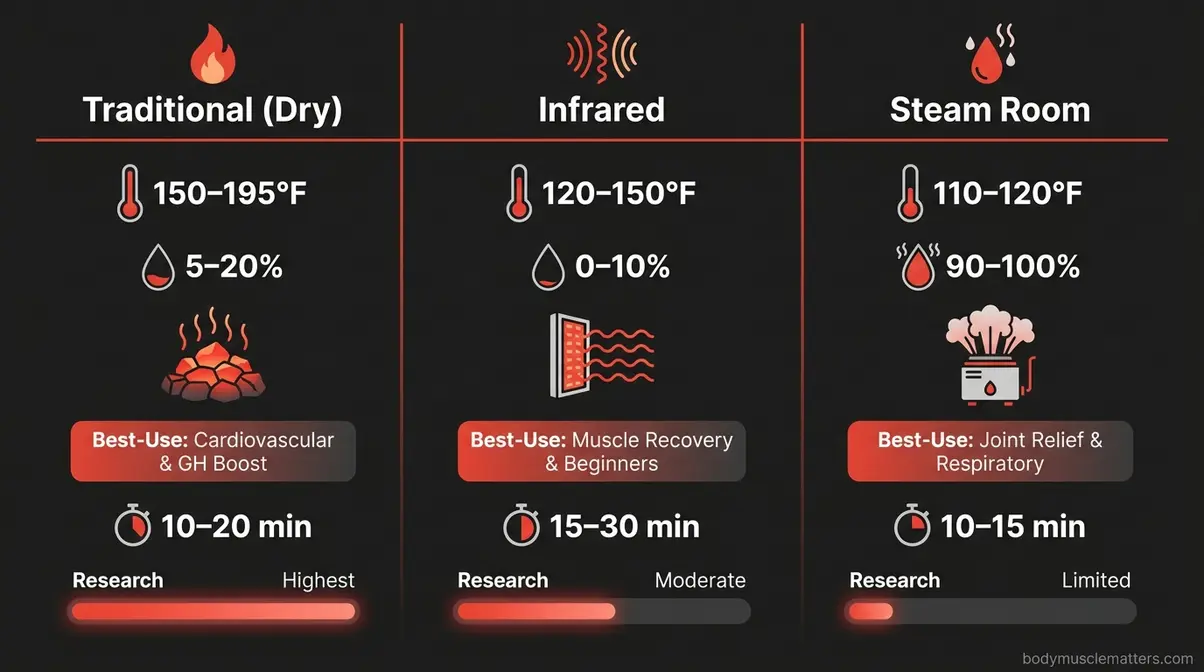 Dry sauna vs infrared vs steam room comparison chart showing temperature, humidity, and best use for recovery after workout