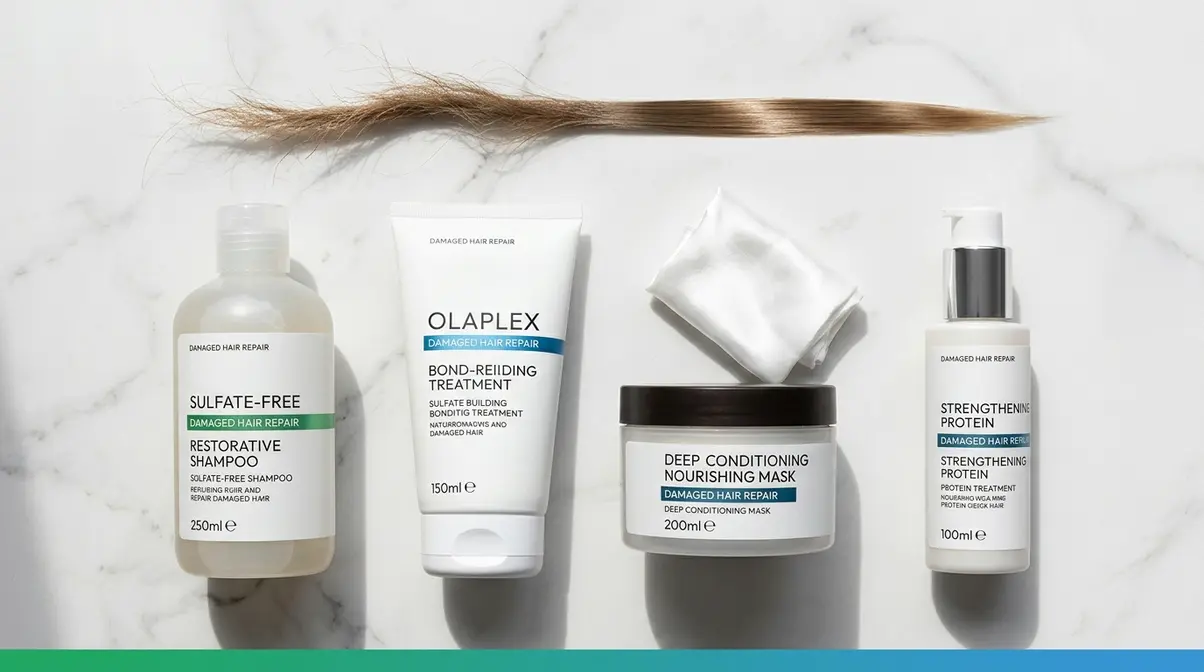 Damaged hair repair routine products including bond builder, deep mask, and protein treatment in order