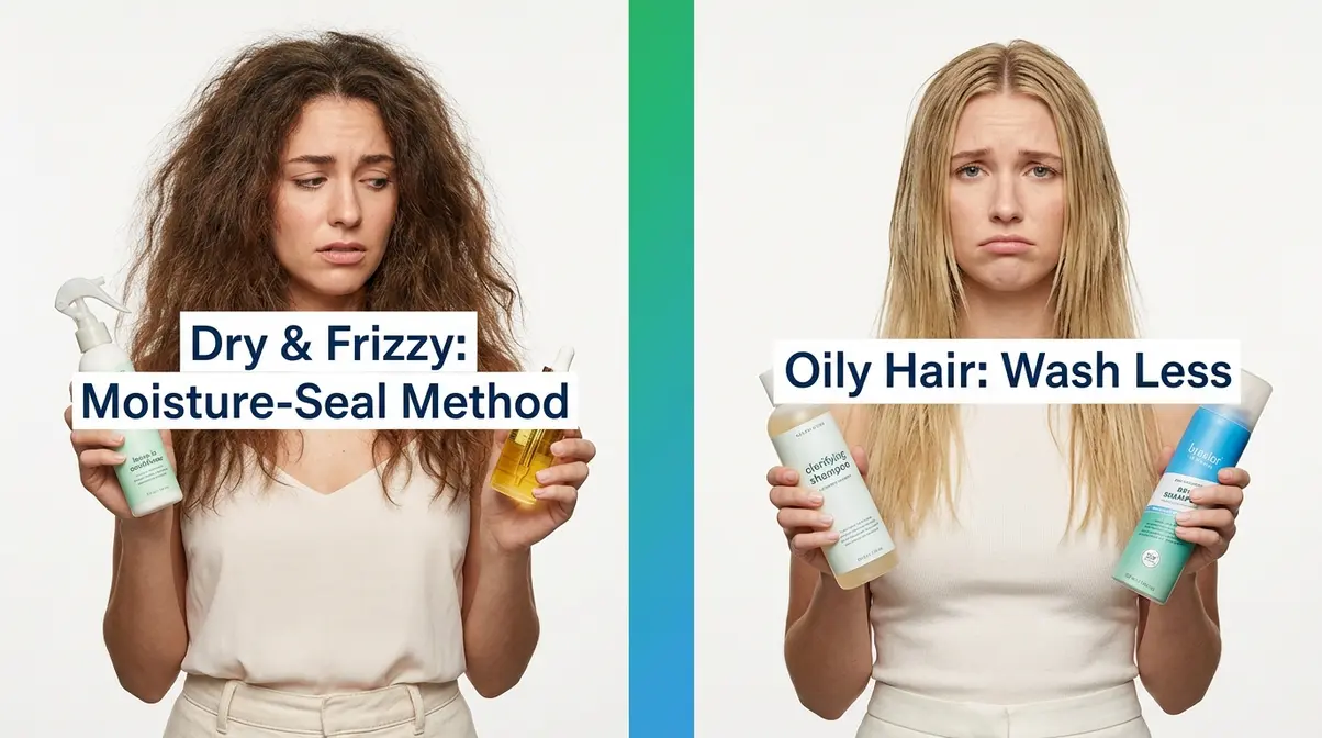Split-panel showing dry frizzy hair moisture-seal routine versus oily hair wash-less routine approach