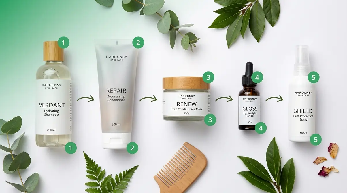 Five hair care routine steps laid out in numbered sequence from shampoo to heat protectant
