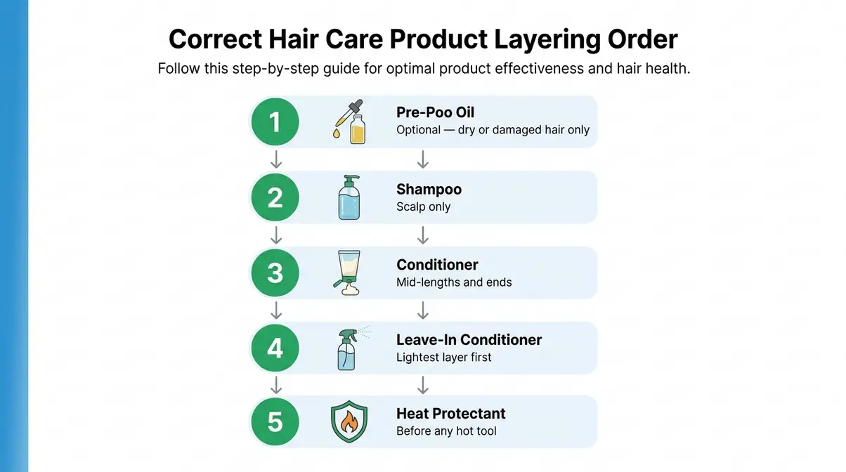 Infographic showing correct hair care product layering order from pre-poo oil to heat protectant