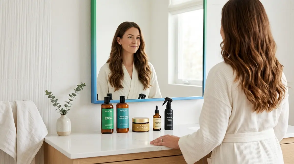 Woman at bathroom vanity with hair care routine products arranged in correct step-by-step order
