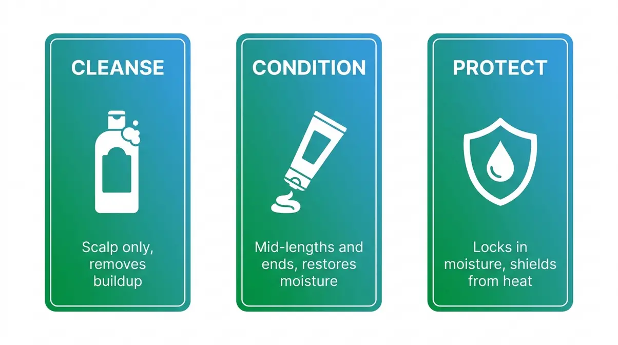 Three-pillar infographic showing cleanse, condition, and protect steps in a hair care routine