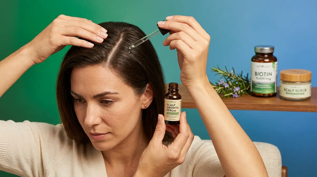 Person applying scalp serum dropper as part of a hair care routine for growth and thickness