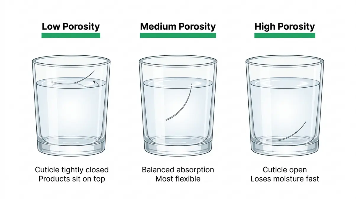 Step-by-step hair porosity float test diagram showing low, medium, and high porosity results in water glass