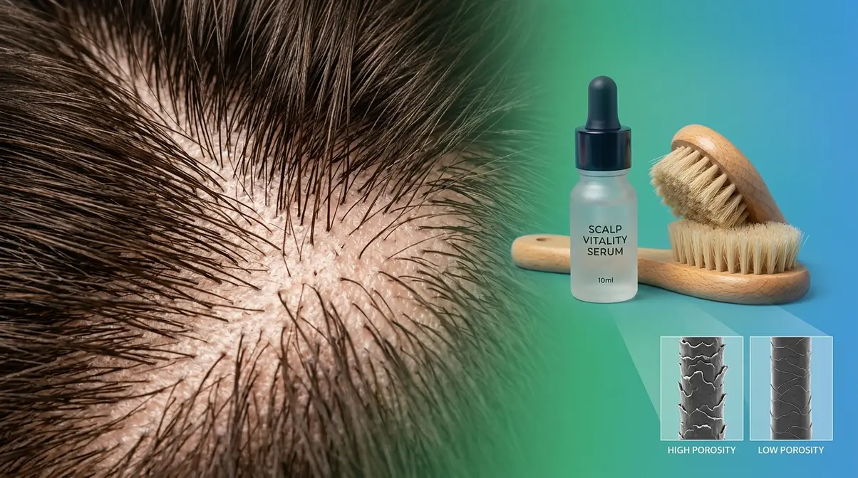 Close-up of healthy scalp with porosity diagram overlay and scalp serum for advanced hair care routine