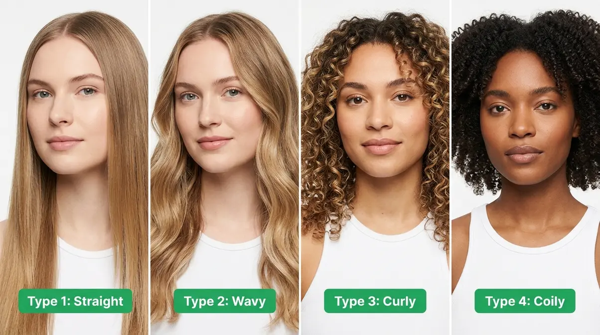 Four hair texture types side by side showing straight wavy curly and coily hair routine differences