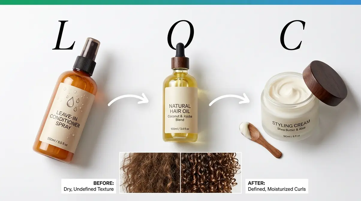 LOC method products for curly and coily hair showing leave-in conditioner, oil, and cream in sequence