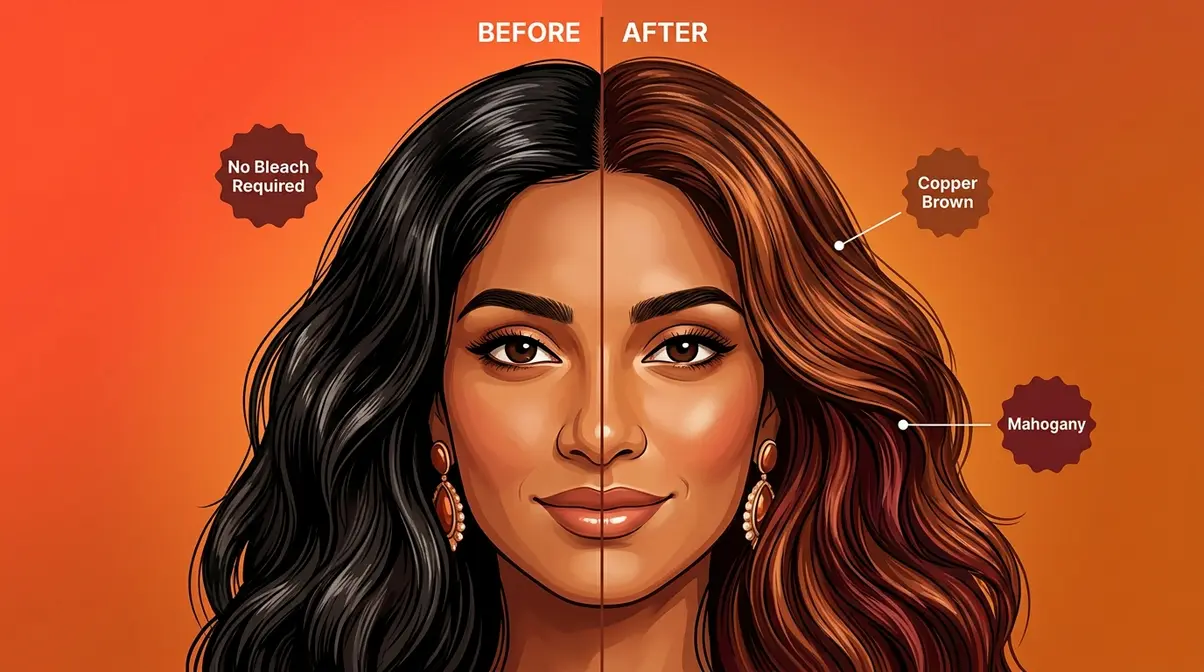 Asian and Indian hair colour before and after showing copper brown and mahogany bleach-free options for warm skin tone