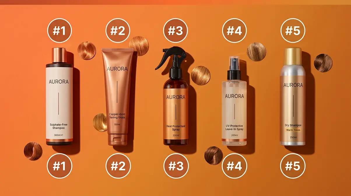 Brassiness prevention routine for warm hair colours showing sulphate-free shampoo toning gloss heat protectant UV spray and dry shampoo