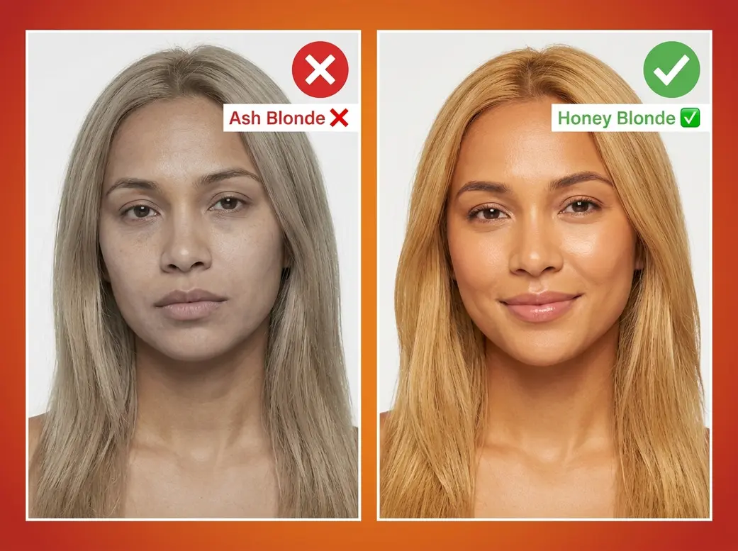 Comparison showing ash blonde clashing with warm skin tone versus honey blonde complementing it
