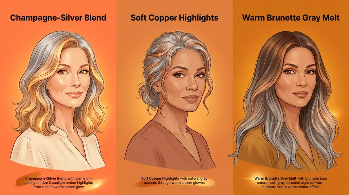 Gray blending hair colour options for warm skin tone over 50 showing champagne silver blend copper highlights and warm brunette gray melt