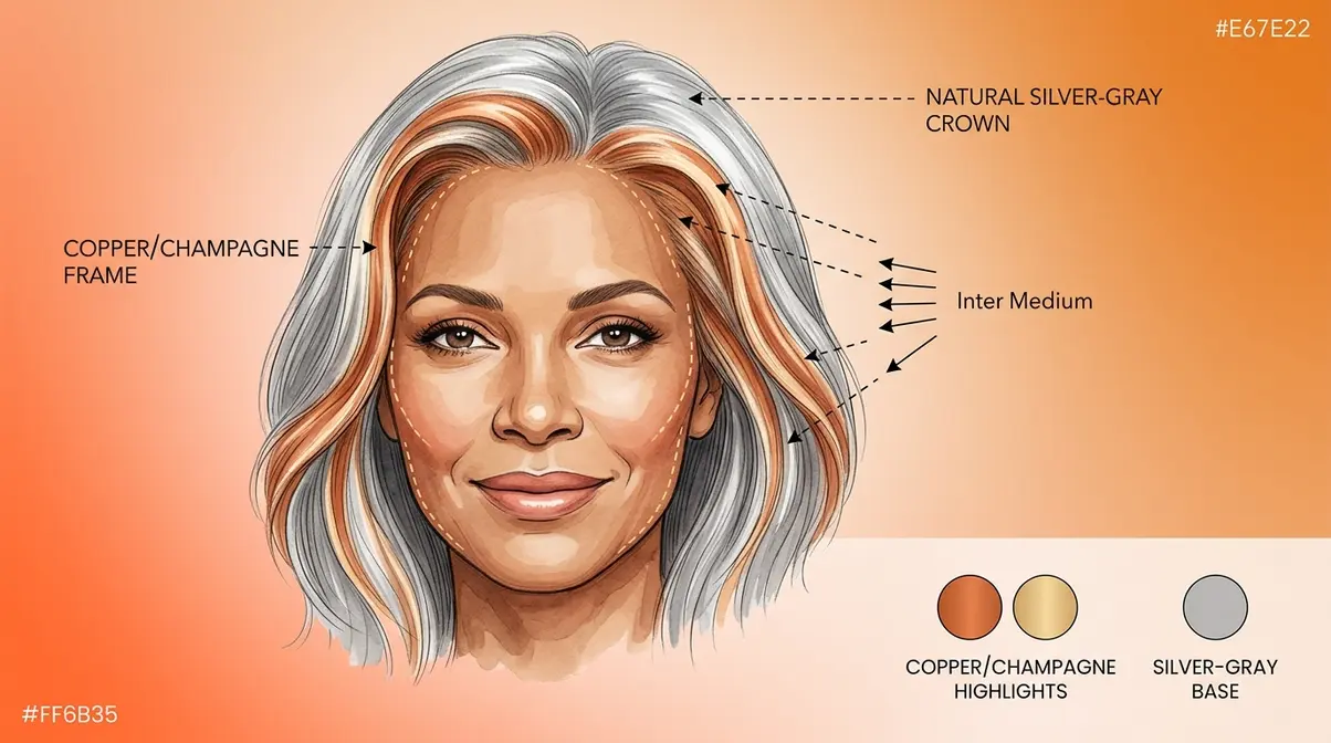 Gray blending hair colour placement for warm skin tone over 50 showing face-framing warm highlights and silver crown