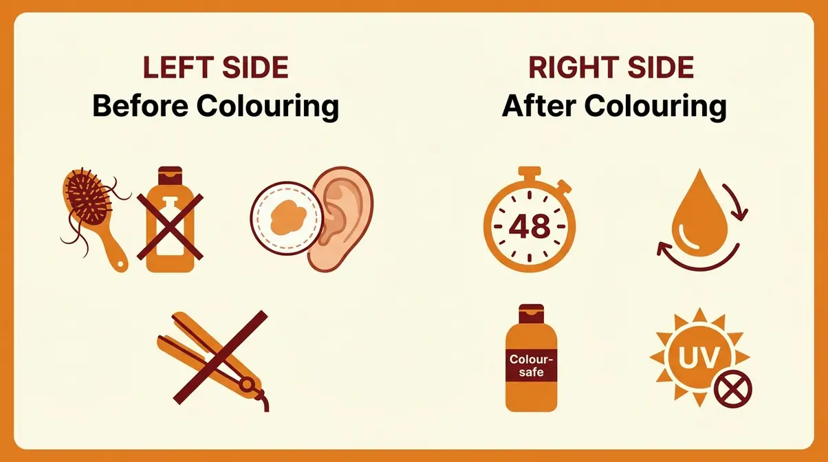Before and after hair colouring essential rules checklist showing dos and donts