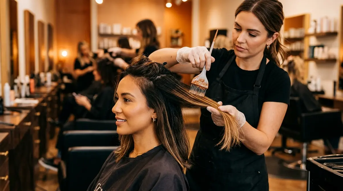 Hair colourist applying caramel balayage technique to client with warm skin tone in salon