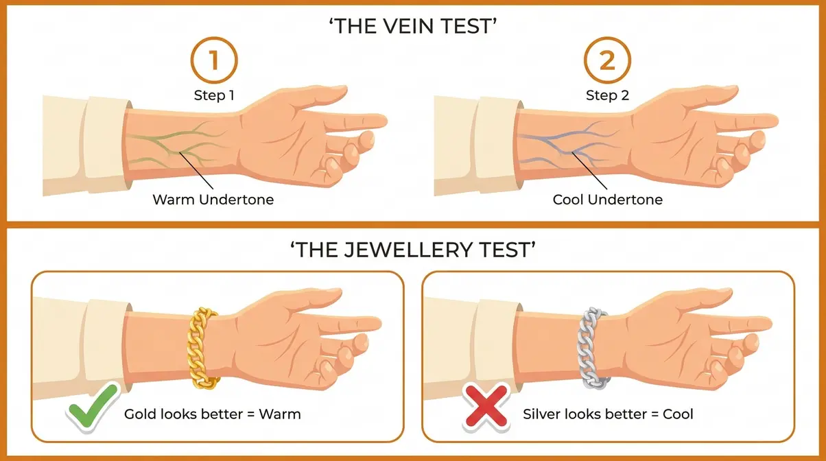 Vein test and jewellery test guide for identifying warm skin undertones