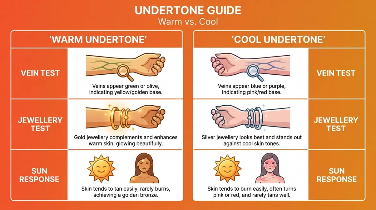 Hair colours for warm skin tone undertone test comparison chart showing vein jewellery and sun tests