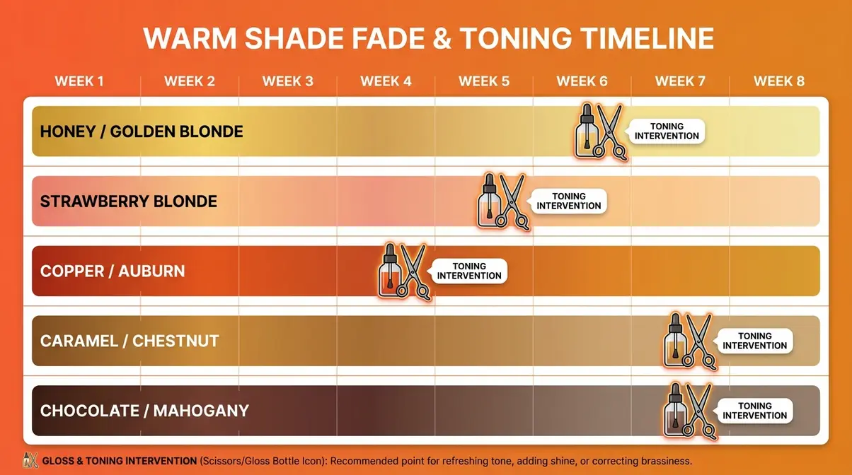 Hair colour fade timeline for warm skin tone shades from copper auburn caramel honey blonde to chocolate brown showing when to tone