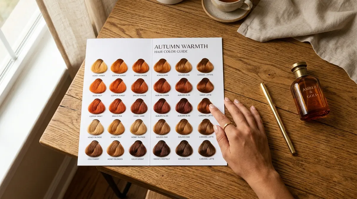 Warm skin tone hair colour chart spread open on desk with warm-toned accessories