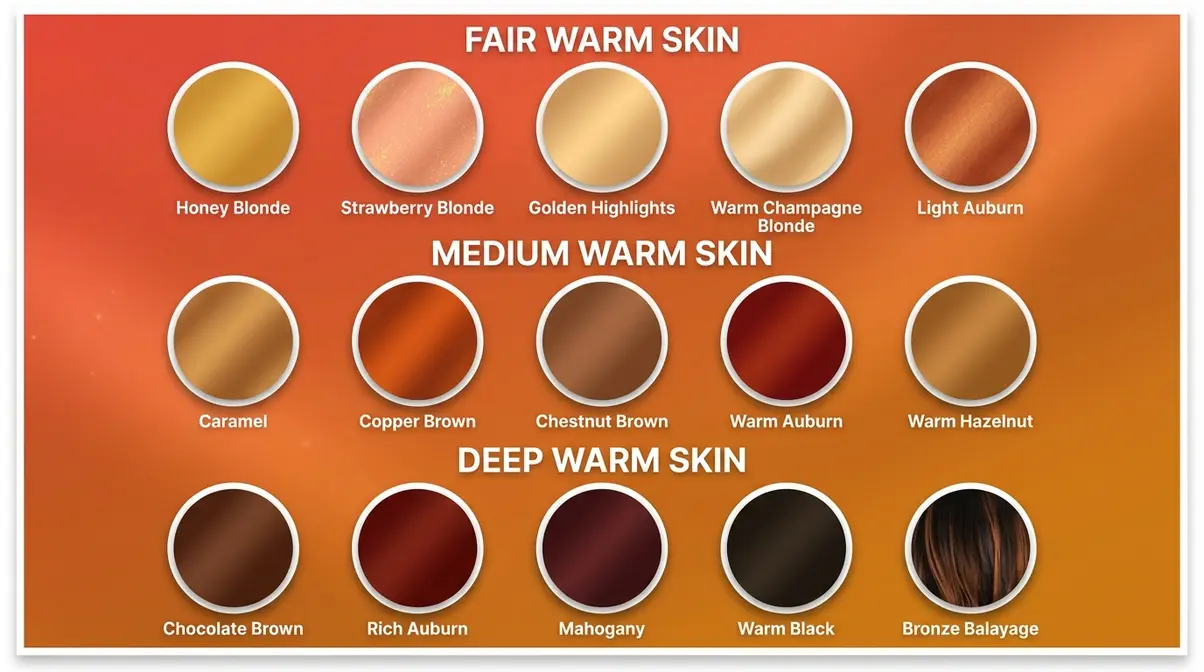 Hair colours for warm skin tone colour chart showing 15 shades from honey blonde to warm black organised by skin depth