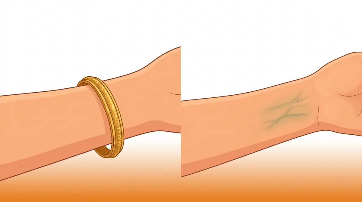 Woman with warm peachy skin tone showing gold jewellery and greenish veins on wrist