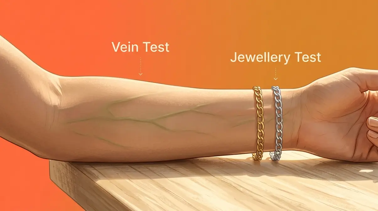 Warm skin tone undertone identification showing vein test and gold jewellery comparison in natural daylight