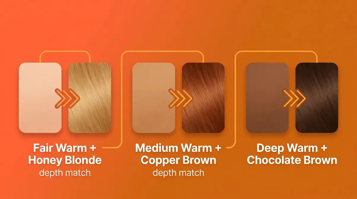 Warmth Harmony Rule diagram showing depth matching between fair medium deep warm skin tones and hair colours