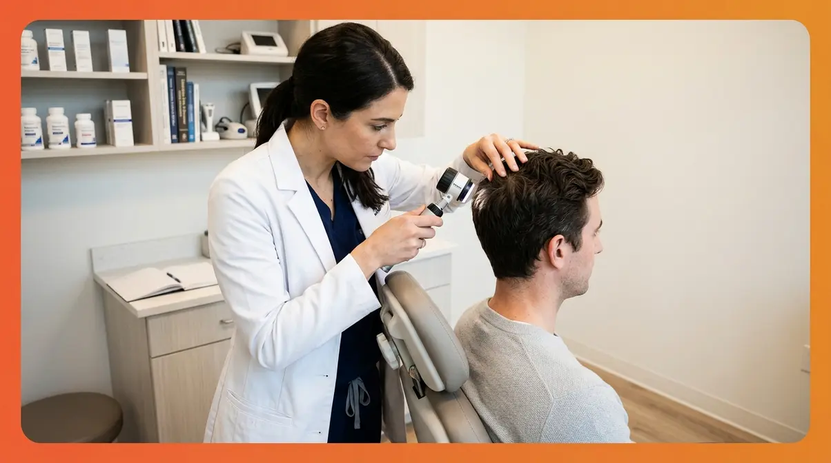 Dermatologist examining patient scalp with trichoscopy device during hair density consultation