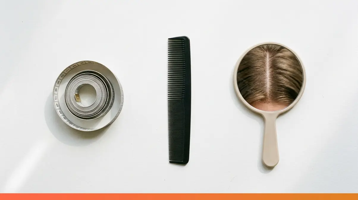 Home hair density test tools including measuring tape fine-tooth comb and mirror on white surface