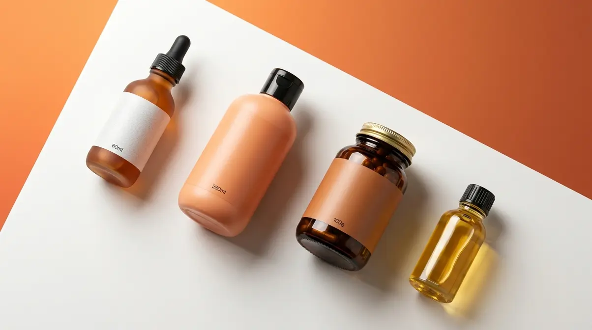 Hair density product lineup showing scalp serum shampoo supplements and oil on white surface