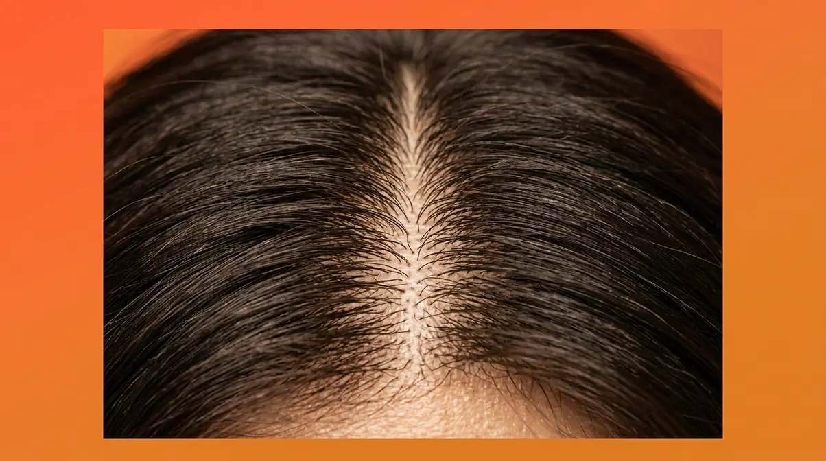 Close-up of scalp parting showing individual hair strands and follicles illustrating hair density