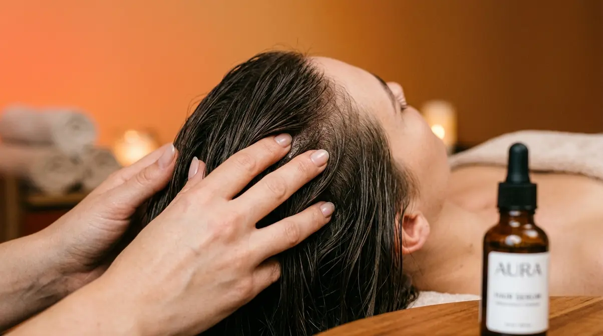 Scalp massage technique for increasing hair density with fingertips and serum dropper