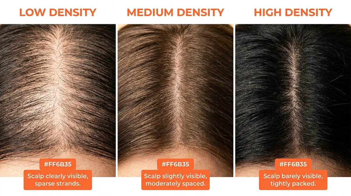 Hair density scalp visibility chart comparing low medium and high density parting lines