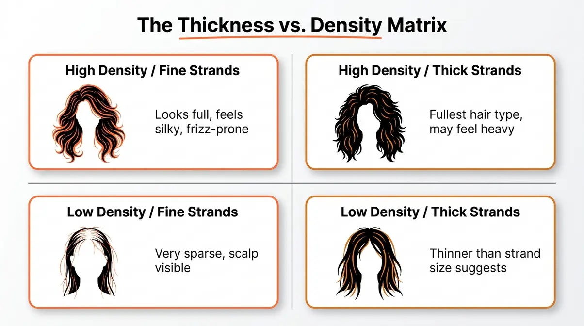Hair density vs thickness matrix showing four hair type quadrants with silhouette illustrations