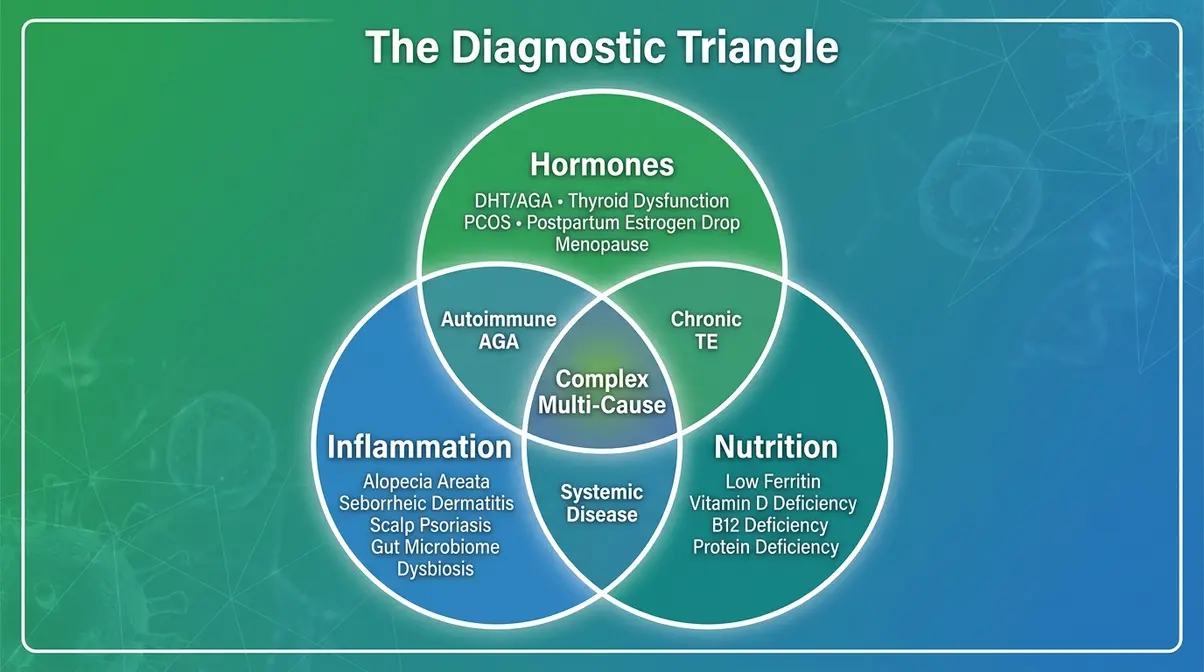 Diagnostic Triangle infographic showing three overlapping circles — Hormones, Inflammation, Nutrition — with hair falling out causes mapped to each vertex