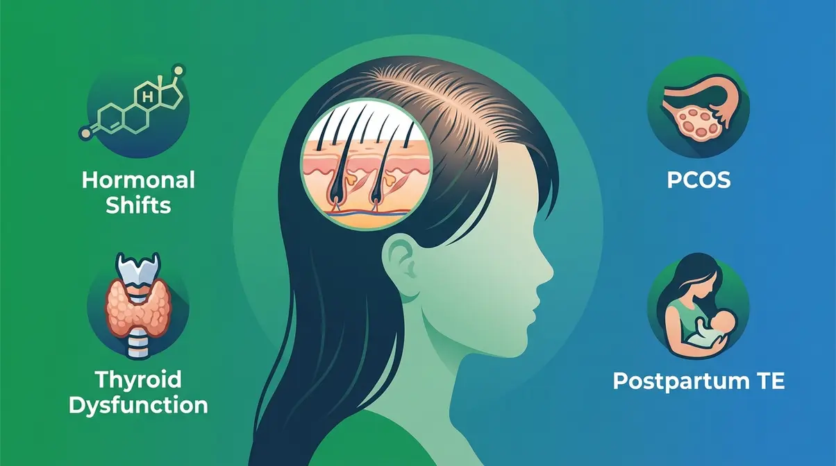 Illustration of female hair loss causes including hormonal shifts, thyroid dysfunction, PCOS, and postpartum telogen effluvium