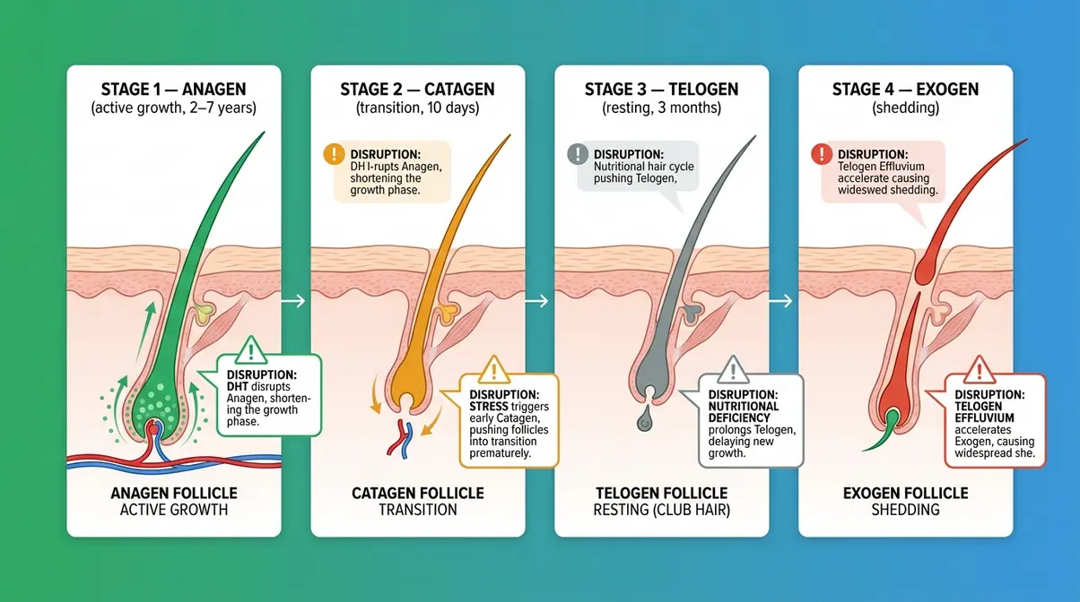 Infographic showing the four hair growth cycle stages — anagen, catagen, telogen, exogen — with hair loss disruption points annotated at each phase