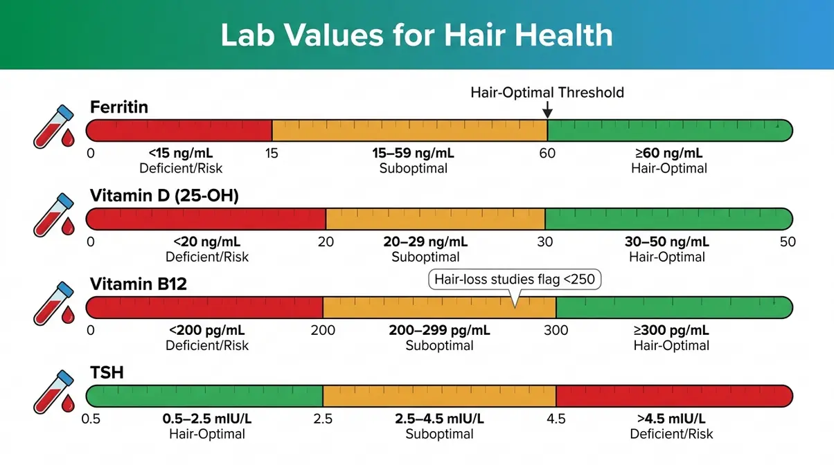Illustrated guide showing color-coded lab value ranges for ferritin, vitamin D, B12, and TSH with hair-specific optimal thresholds marked