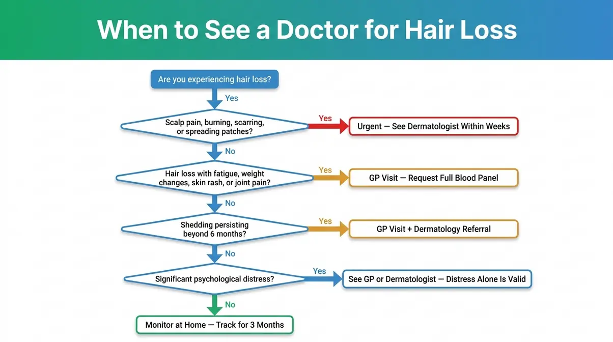 Decision flowchart guiding readers through hair loss symptoms to determine whether to monitor at home, visit a GP, or seek urgent dermatology evaluation