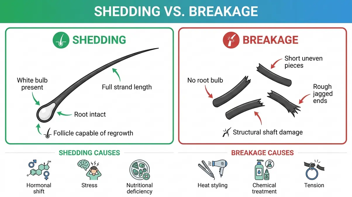 Side-by-side comparison chart showing hair shedding with a white root bulb versus hair breakage with short fragments and no bulb
