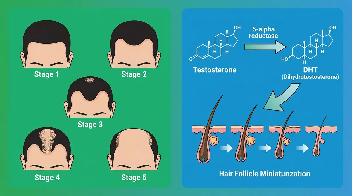 Medical illustration showing male pattern hair loss progression on the Norwood-Hamilton scale and DHT conversion mechanism