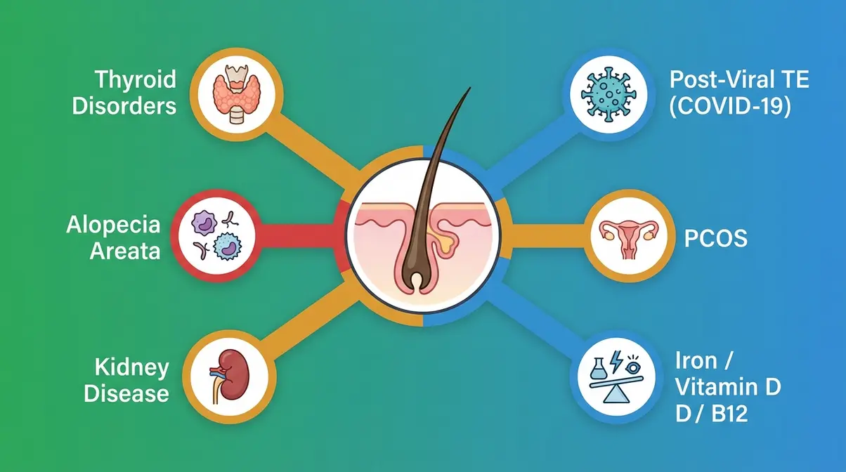 Medical diagram showing systemic conditions linked to hair loss including thyroid disorders, alopecia areata, kidney disease, PCOS, and nutritional deficiencies