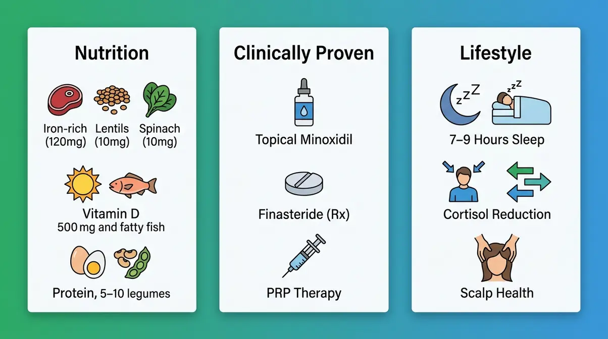 Illustration of treatments to stop hair falling out across three categories — nutrition, clinically proven medications, and lifestyle adjustments