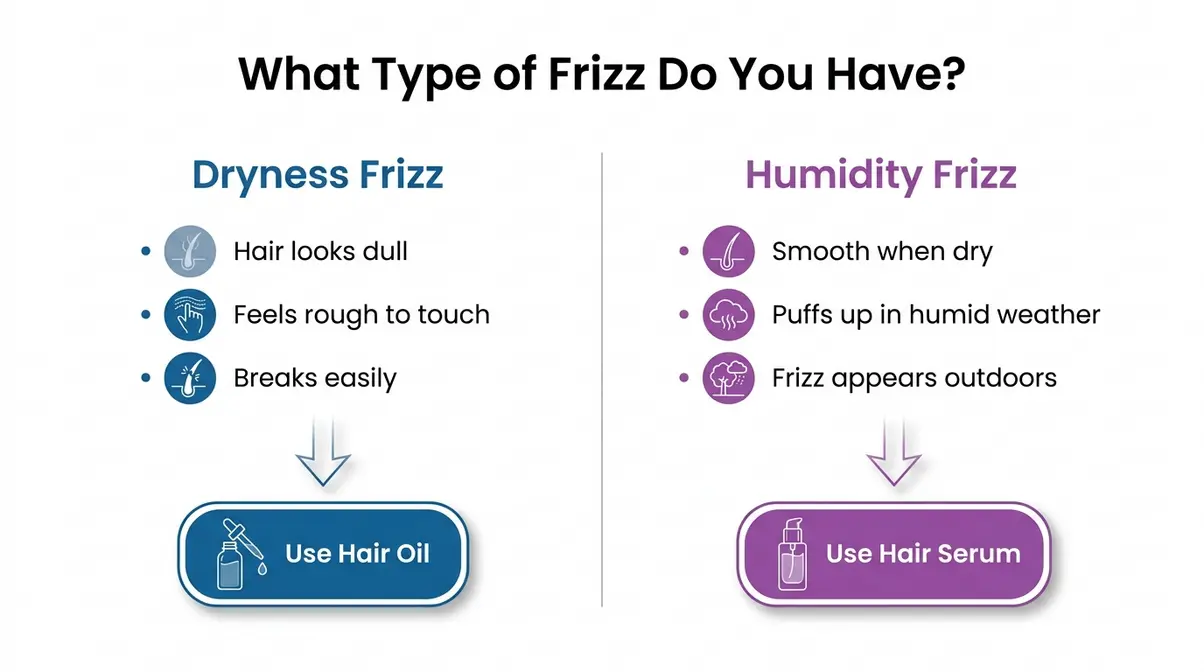 Frizzy hair oil vs serum diagnostic chart for dryness frizz versus humidity frizz with solutions