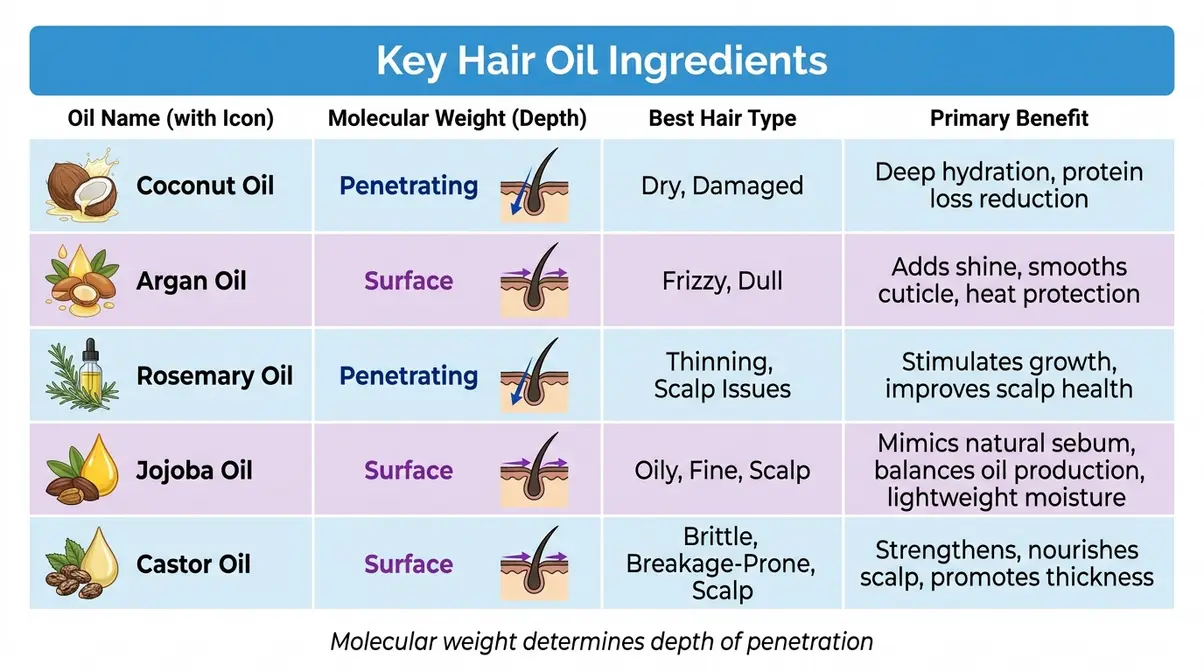 Hair oil ingredients comparison chart showing penetrating versus surface oils by molecular weight and hair type