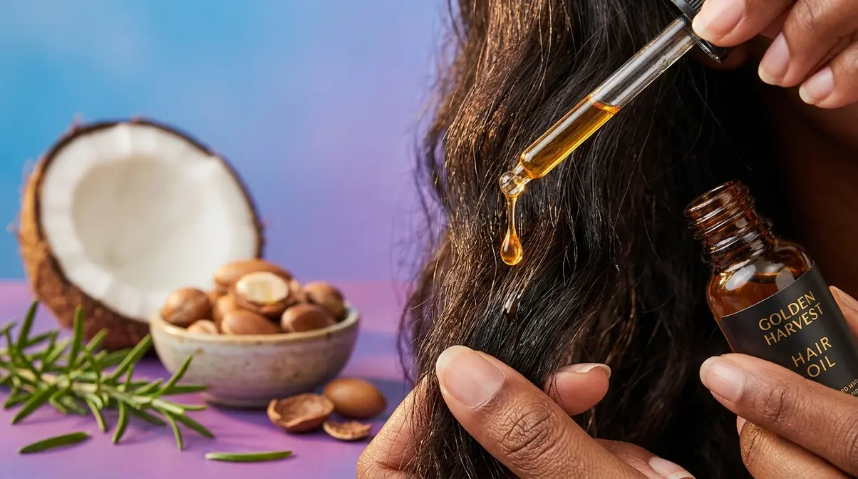 Hair oil dropper bottle dispensing golden nourishing oil onto a hair strand with natural ingredients