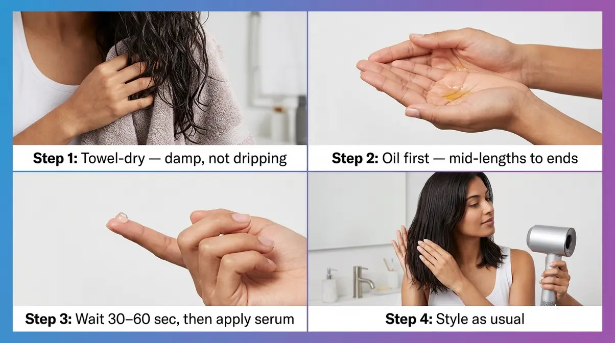 Step by step routine showing how to layer hair oil first then hair serum on damp hair correctly